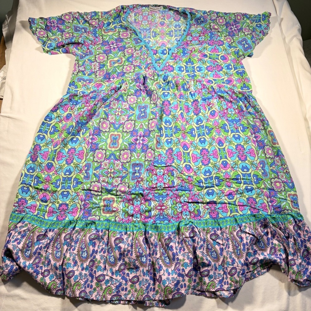 Womens 3X Duster housedress MuMu Pink Floral Paisley Boho Lounge Grannycore Plus